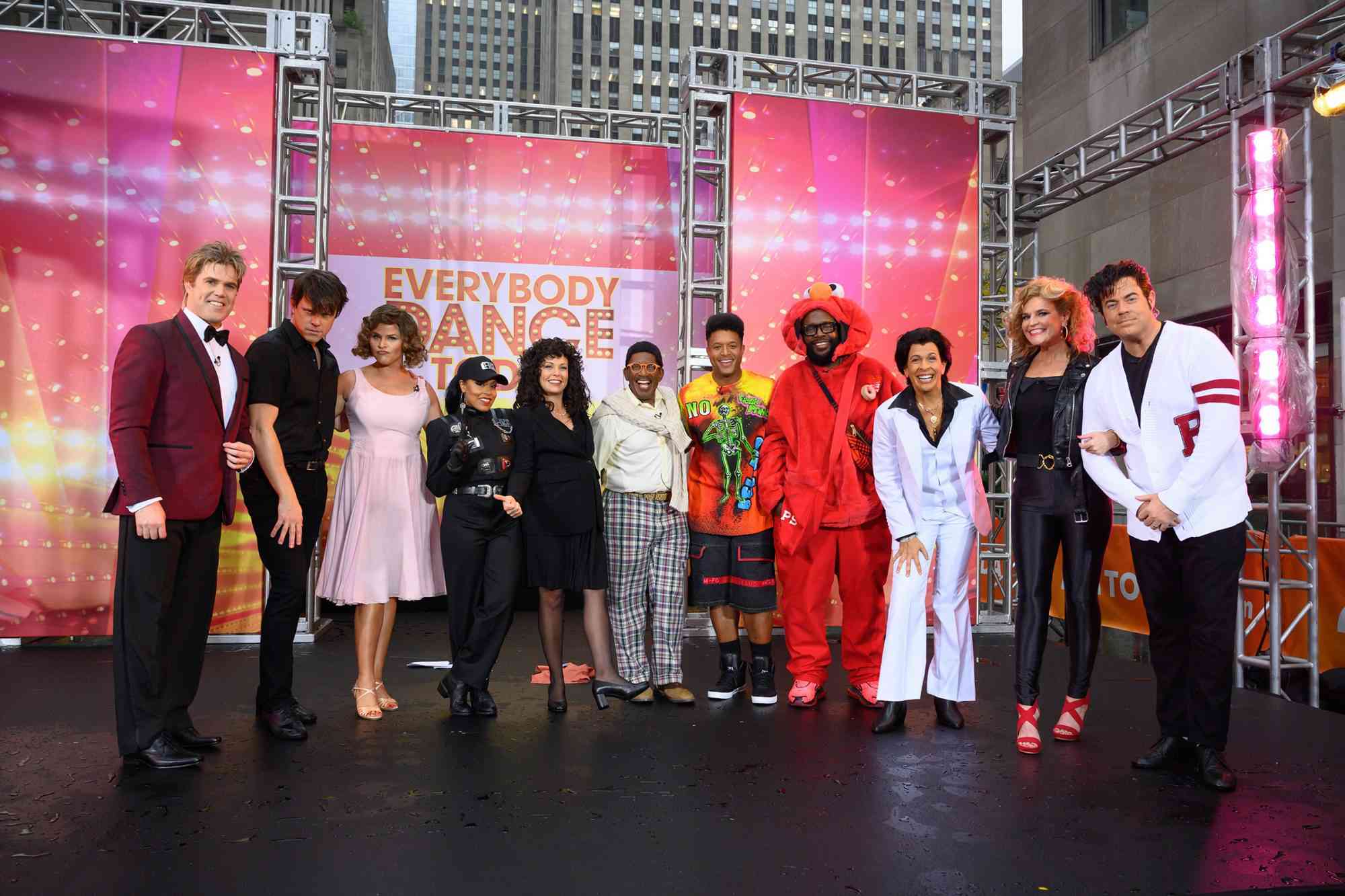 The TODAY gang goes all out for its Halloween 2019 theme, Everybody Dance TODAY, dressing up as the most famous dancers from TV and movies. See Craig Melvin and Al Roker as the Fresh Prince of Bel-Air and Carlton; and Peter Alexander as Kevin Bacon in “Footloose”; Dylan Dreyer mimicking Elaine’s memorably awkward moves from “Seinfeld”; Willie Geist and Jenna Bush Hager doing some “Dirty Dancing”; Sheinelle Jones as Janet Jackson in her “Rhythm Nation” phase; Hoda Kotb as Danny in “Saturday Night Live,” and Savannah Guthrie and Carson Daly as Sandy and Denny from “Grease”!