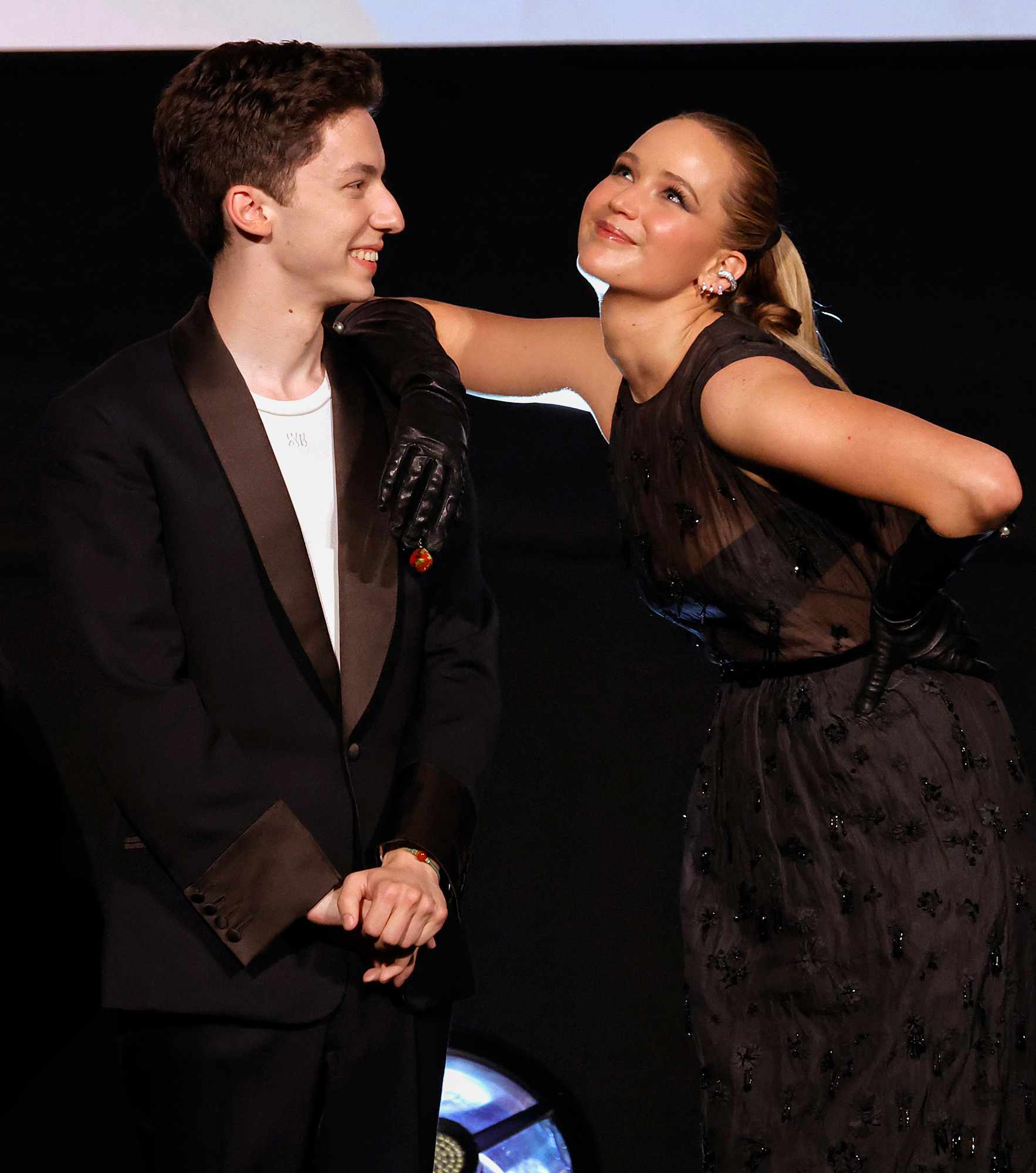 Andrew Barth Feldman and Jennifer Lawrence attending the London premiere of Columbia Pictures' 'No Hard Feelings' at the Odeon Luxe Leicester Square on June 12, 2023 