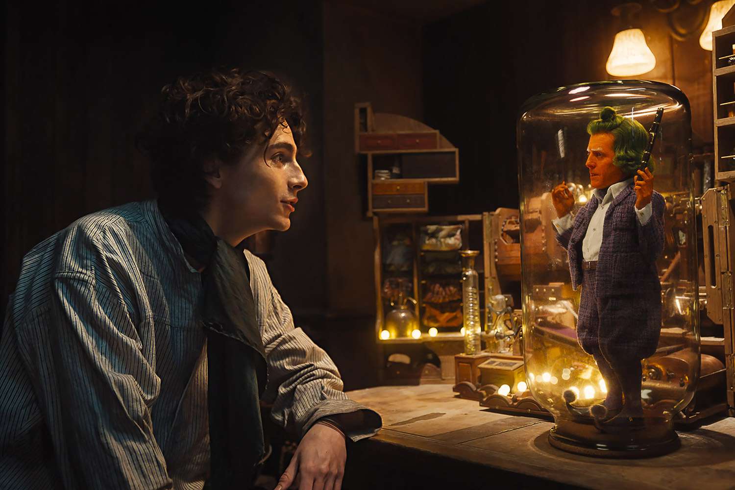 Willy Wonka still featuring Timothee Chalamet and Hugh Grant