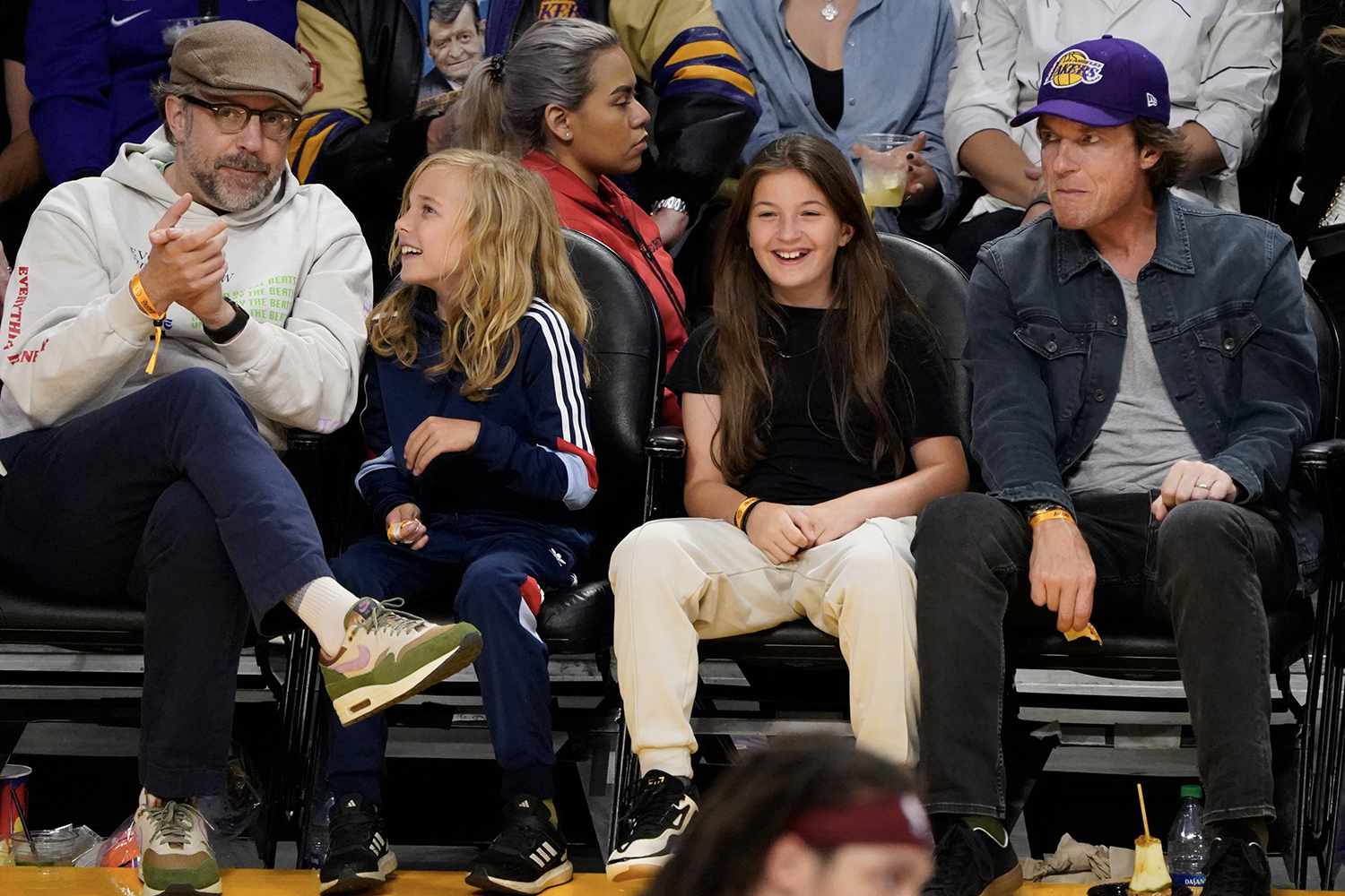 Jason Bateman and Jason Sudeikis with their kids watch game four of the Western Conference Finals between the Los Angeles Lakers and the Denver Nuggets at Crypto.com Arena