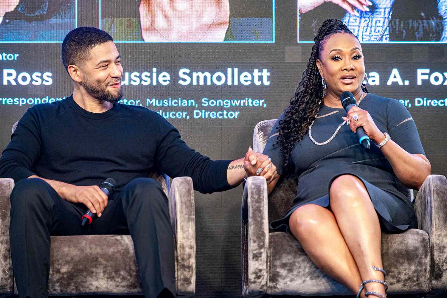 Jussie Smollett (L) and Vivica A. Fox speak on a panel during Black Owned Media Weekend at The Beacon Detroit on June 07, 2024 in Detroit, Michigan.