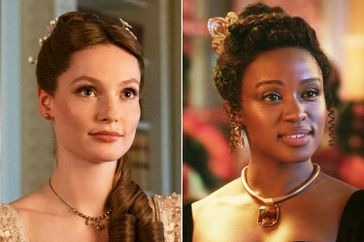 Hannah Dodd as Francesca Bridgerton in episode 302 of Bridgerton.; Masali Baduza as Michaela Sterling in Bridgerton Season 3.