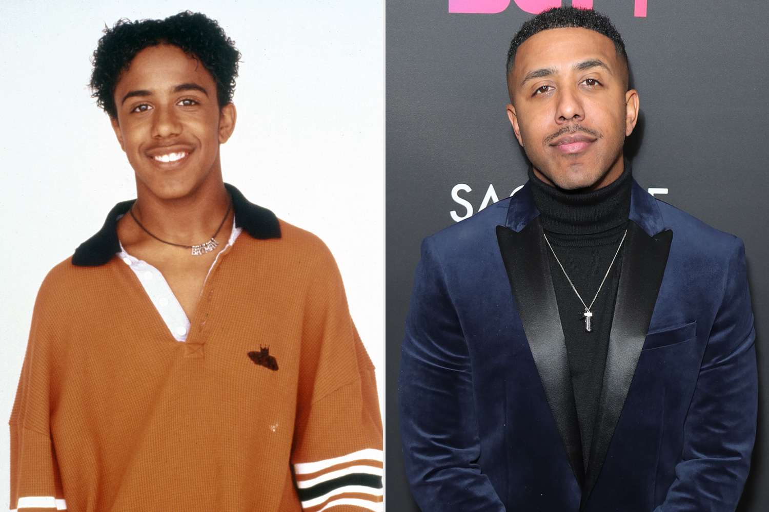 SISTER, SISTER, Marques Houston, 1994. © Paramount Television/ Courtesy: Everett Collection.; LOS ANGELES, CALIFORNIA - DECEMBER 11: Marques Houston attends BET+ and Footage Film's "Sacrifice" premiere event at Landmark Theatre on December 11, 2019 in Los Angeles, California. (Photo by Leon Bennett/Getty Images for BET)