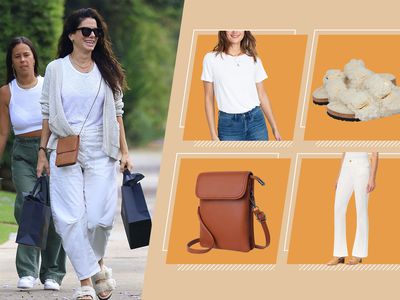 Sandra Bullock outfit dupe White tee, white jeans, brown crossbody bag and fluffy shoes