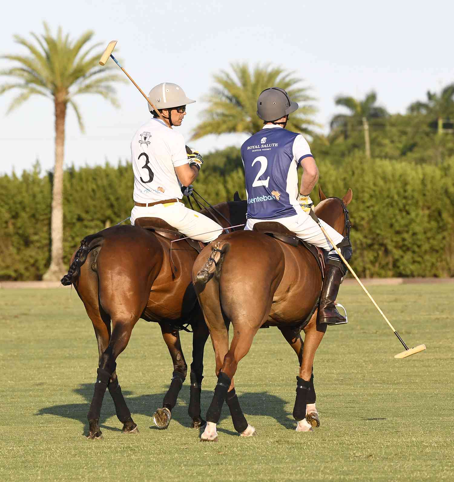 Nacho Figueras and Prince Harry, Duke of Sussex compete during the Royal Salute Polo Challenge benefitting Sentebale at Grand Champions Polo Club on April 12, 2024 in Wellington, Florida. 
