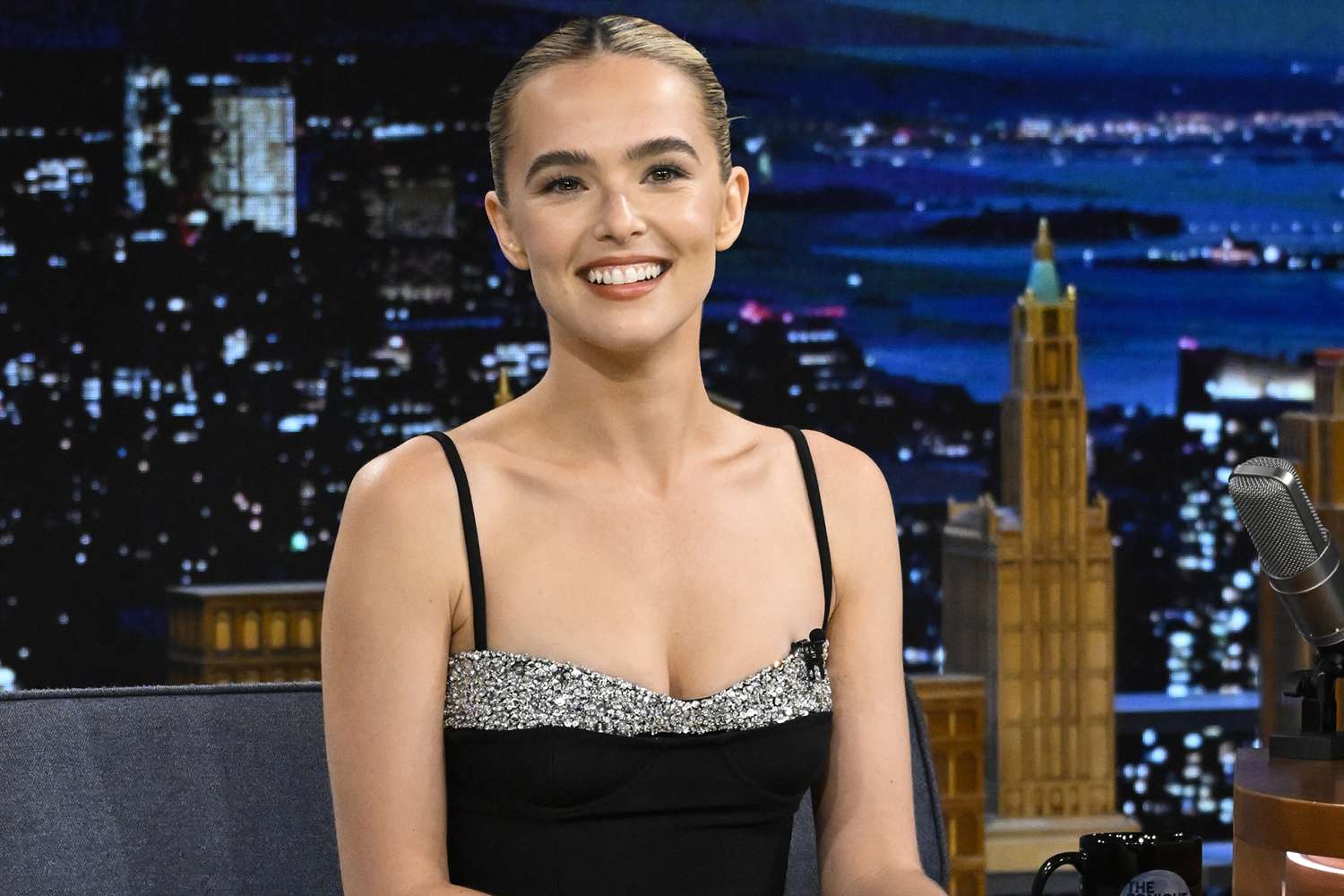 Zoey Deutch during an interview with host Jimmy Fallon
