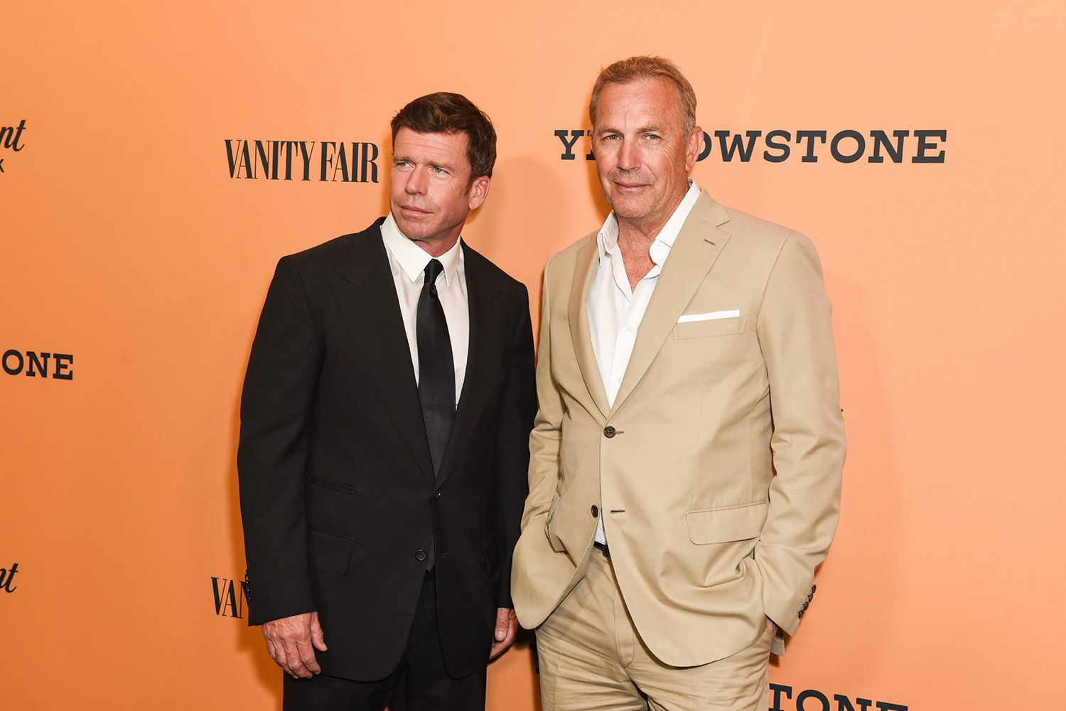 Taylor Sheridan and Kevin Costner attend the premiere of Paramount Pictures' "Yellowstone" at Paramount Studios on June 11, 2018
