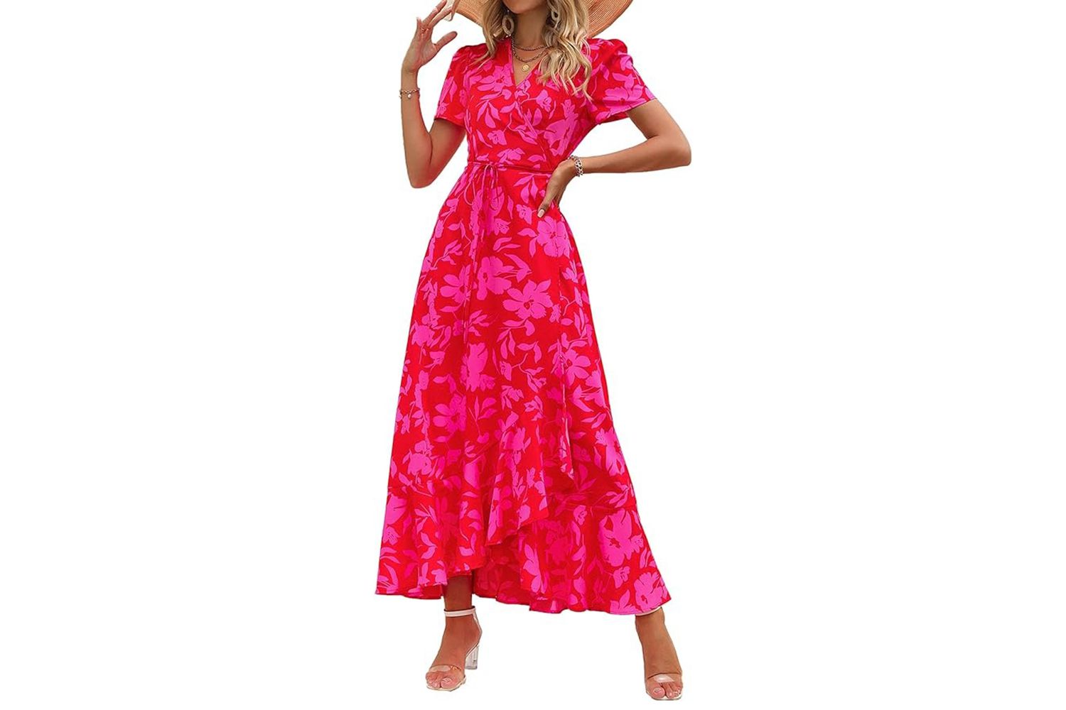 PRETTYGARDEN Women's Summer Wrap Maxi Dress Casual Boho Floral V Neck Short Sleeve Ruffle Hem Split Beach Long Dresses