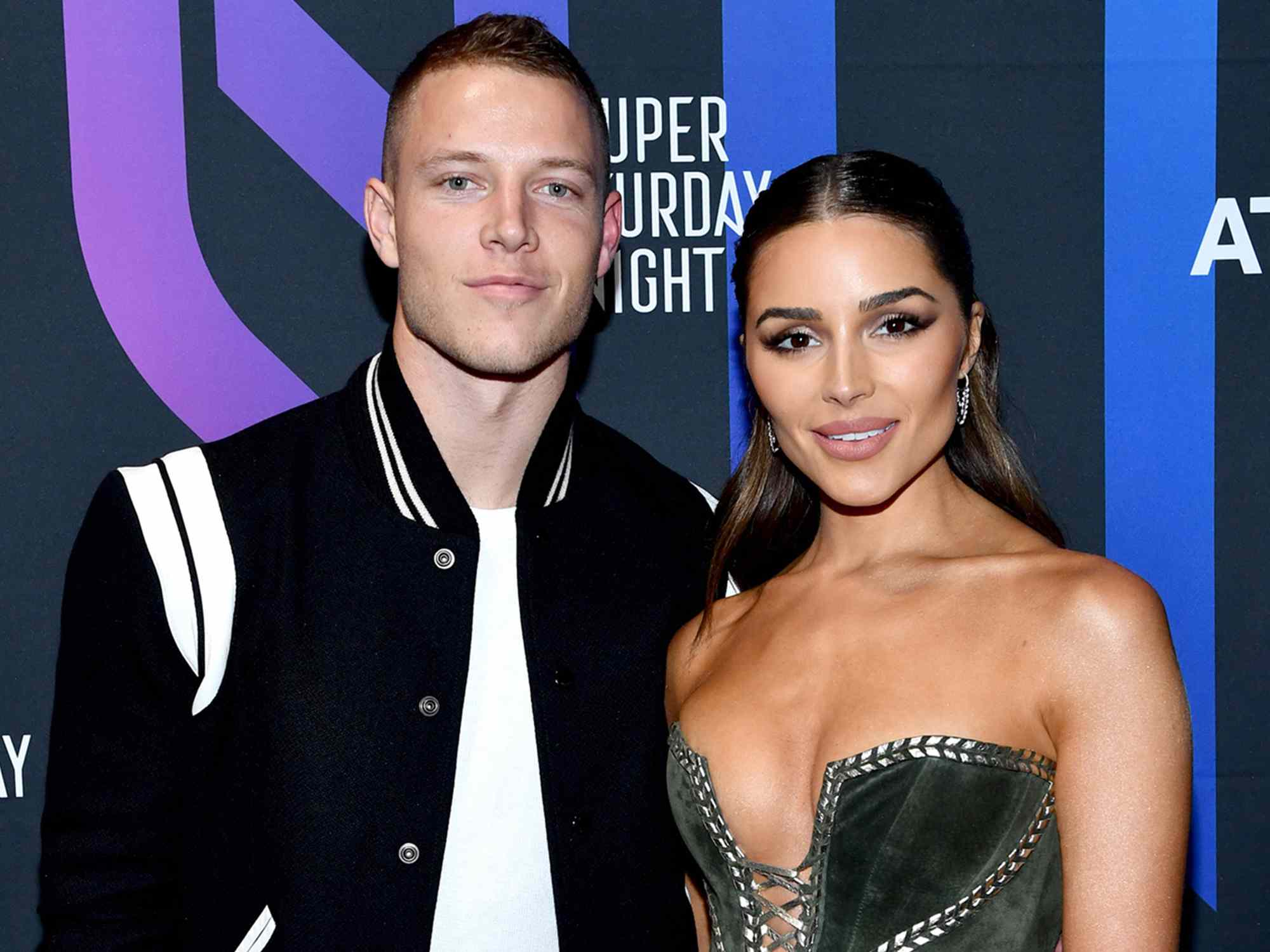 Christian McCaffrey and Olivia Culpo attend AT&T TV Super Saturday Night on February 01, 2020 in Miami, Florida.