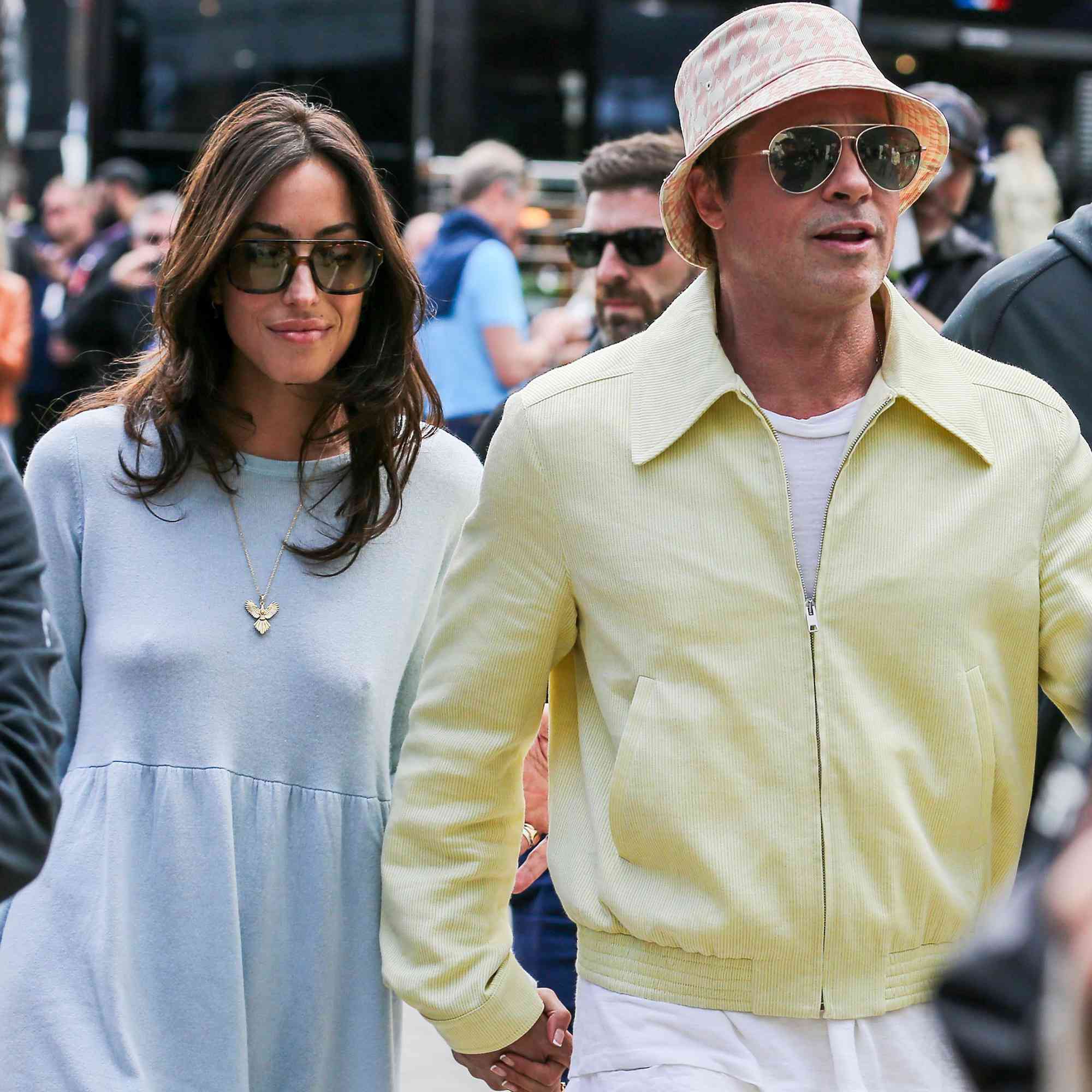 Brad Pitt and partner arrive ahead of the Formula One Qatar Airways British Grand Prix at the Silverstone Circuit, Silverstone, England, United Kingdom on 7 July 2024