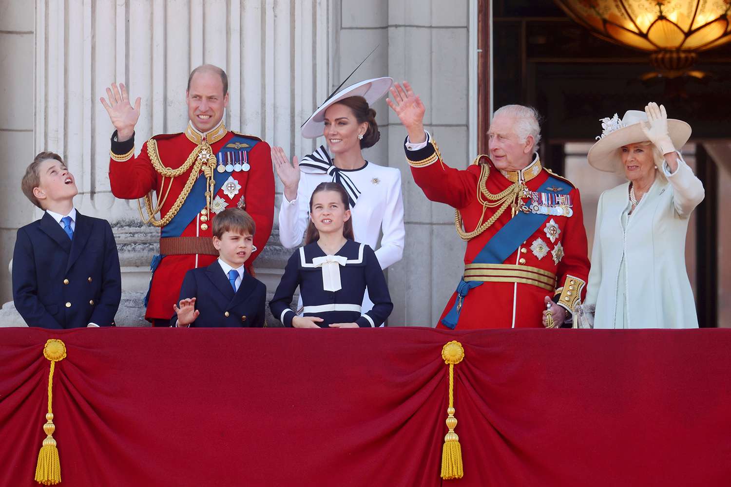 Prince George of Wales, Prince William, Prince of Wales, Prince Louis of Wales, Princess Charlotte of Wales, Catherine, Princess of Wales, King Charles III and Queen Camilla during Trooping the Colour at Buckingham Palace on June 15, 2024 in London