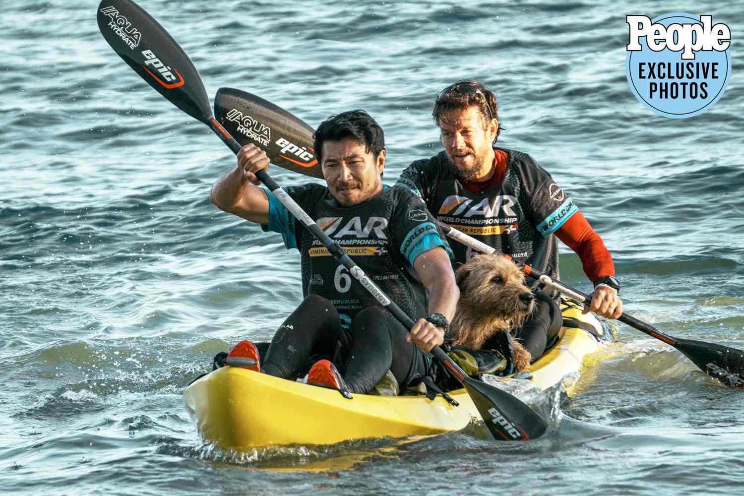 Simu Liu as Leo and Mark Wahlberg as Michael in Arthur The King. 