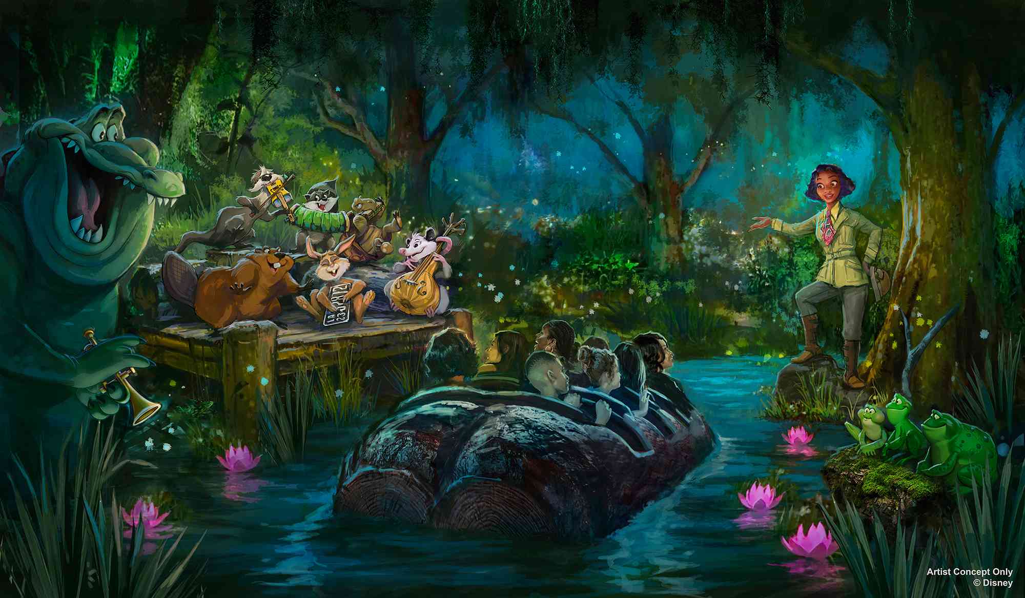 Rendering for the upcoming Disney Parks attraction Tiana's Bayou Adventure