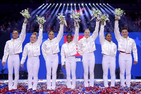 Hezly Rivera, Joscelyn Roberson, Suni Lee, Simone Biles, Jade Carey, Jordan Chiles and Leanne Wong pose after being selected for the 2024 