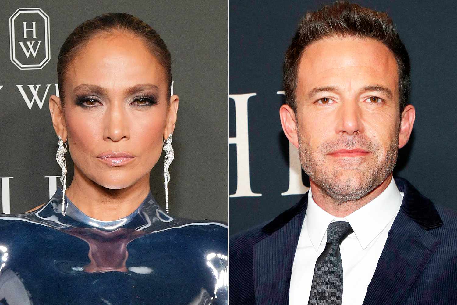 Jennifer Lopez attends ELLE's 2023 Women in Hollywood Celebration Presented by Ralph Lauren, Harry Winston and Viarae at Nya Studios on December 05, 2023 in Los Angeles, California.; Ben Affleck attends The Last Duel New York Premiere on October 09, 2021 in New York City.