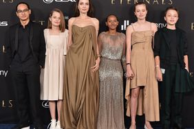 Maddox Jolie-Pitt, Vivienne Jolie-Pitt, Angelina Jolie, Knox Jolie-Pitt, Shiloh Jolie-Pitt, and Zahara Jolie-Pitt attend the Los Angeles Premiere of Marvel Studios' "Eternals" on October 18, 2021 in Los Angeles, California.