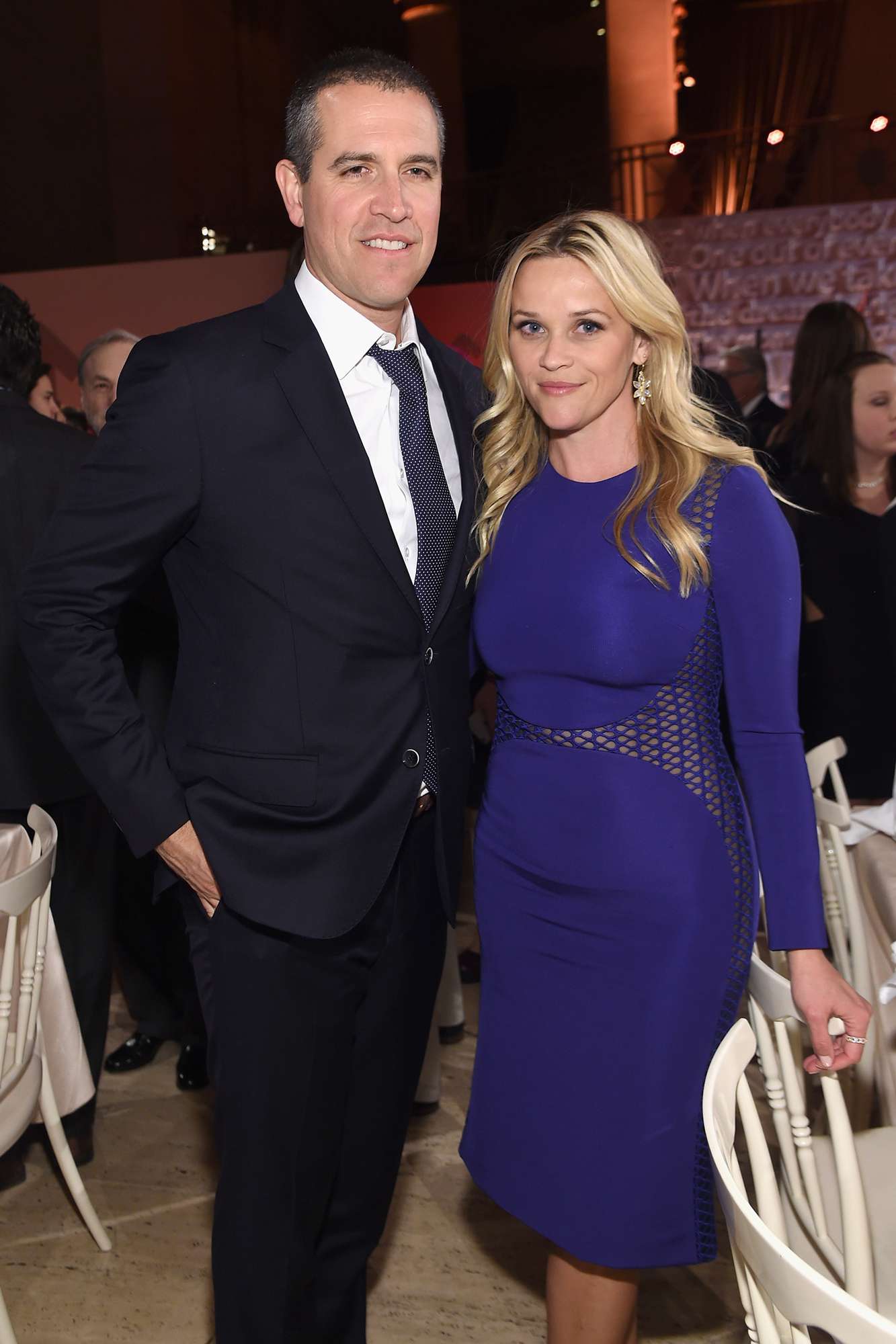 Jim Toth (L) and Reese Witherspoon attend Stand Up To Cancer's New York Standing Room Only, presented by Entertainment Industry Foundation, with donors American Airlines and Merck, chaired by Jim Toth, Reese Witherspoon & MasterCard President/CEO Ajay Banga and his wife Ritu, honoring Katie Couric at Cipriani Wall Street on April 9, 2016 in New York City