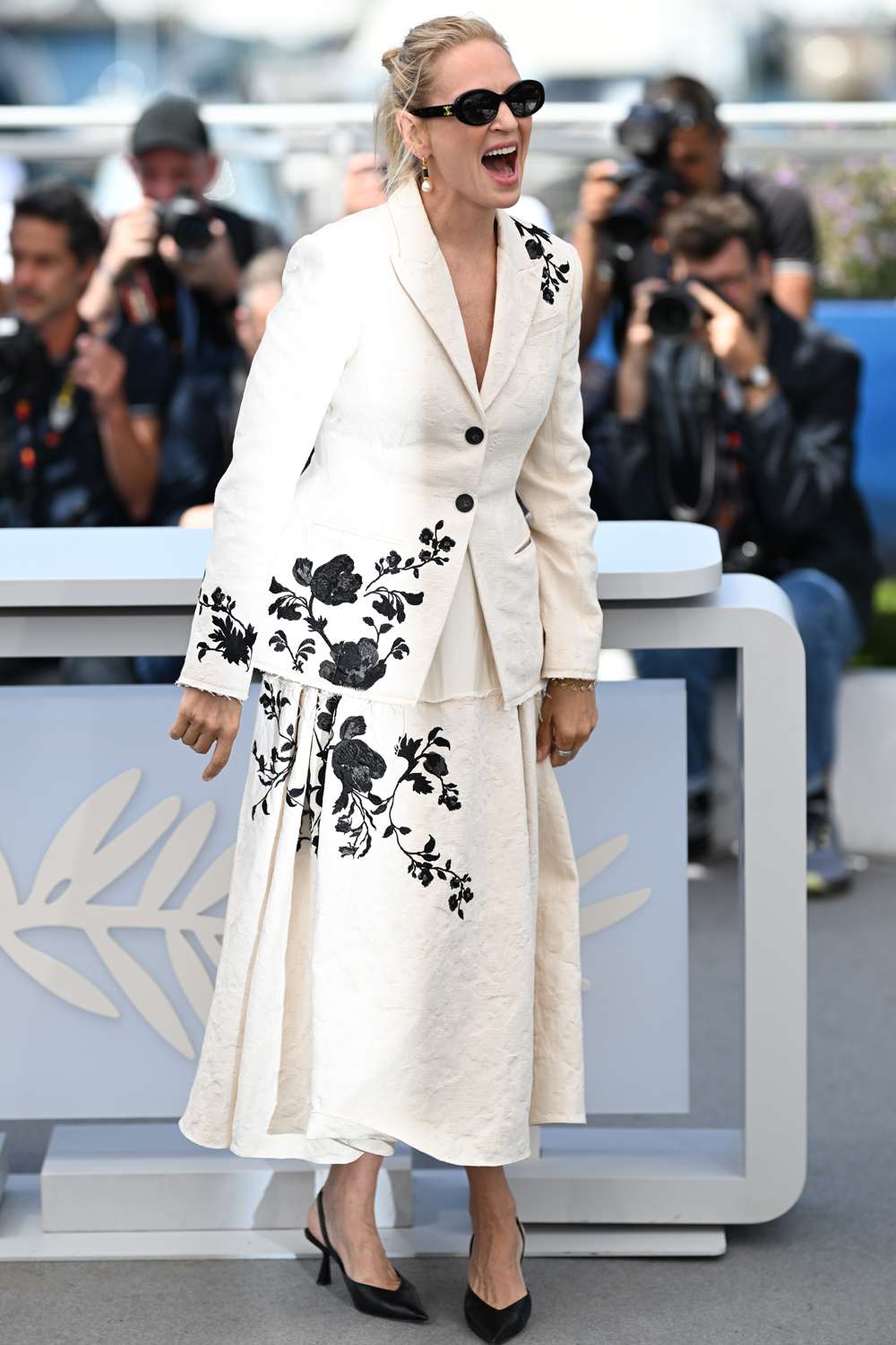 Uma Thurman poses during a photocall for the film 'Oh, Canada' at the 77th Film Festival at Palais des 