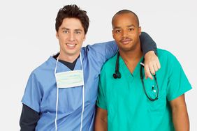 SCRUBS -- Season 1 -- Pictured: (l-r) Zach Braff as Dr. John 'J.D.' Dorian, Donald Faison as Dr. Christopher Turk