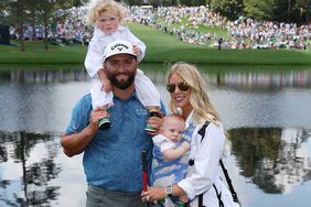  Jon Rahm, Kelley Cahill, and their kids Eneko and Kepa during the Par 3 contest prior to the 2023 Masters Tournament on April 05, 2023 in Augusta, Georgia. 