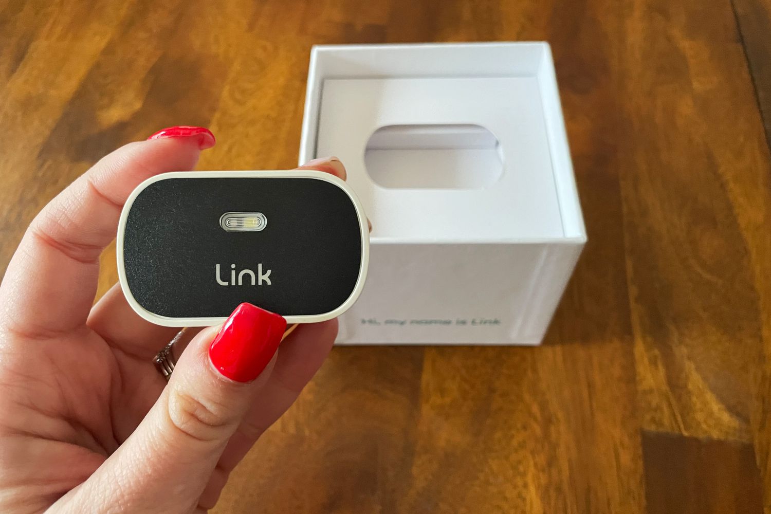 hand holding Link The Link Smart Pet Wearable next to its box