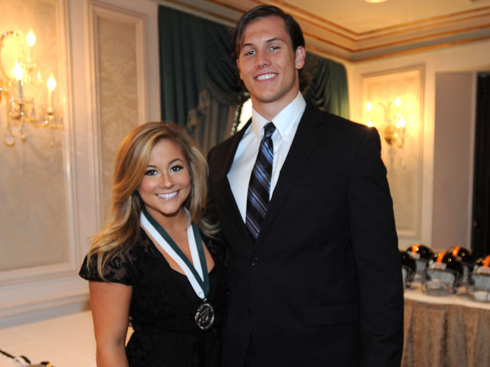Shawn Johnson and college football player Andrew East attend the 28th Annual Great Sports Legends Dinner 