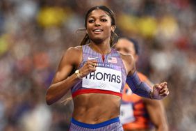 US' Gabrielle Thomas reacts after competing in the women's 200m semi-final of the athletics event at the Paris 2024 Olympic Games at Stade de France in Saint-Denis, north of Paris, on August 5, 2024.