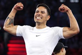 B-Boy Victor of Team United States celebrates victory against B-Boy Shigekix of Team Japan in the Breaking B-Boys Bronze Medal Battle on day fifteen of the Olympic Games Paris 2024 at Place de la Concorde on August 10, 2024 in Paris, France.