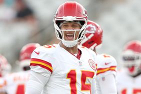 Patrick Mahomes #15 of the Kansas City Chiefs looks on before a preseason game against the Jacksonville Jaguars at EverBank Stadium on August 10, 2024 in Jacksonville, Florida.