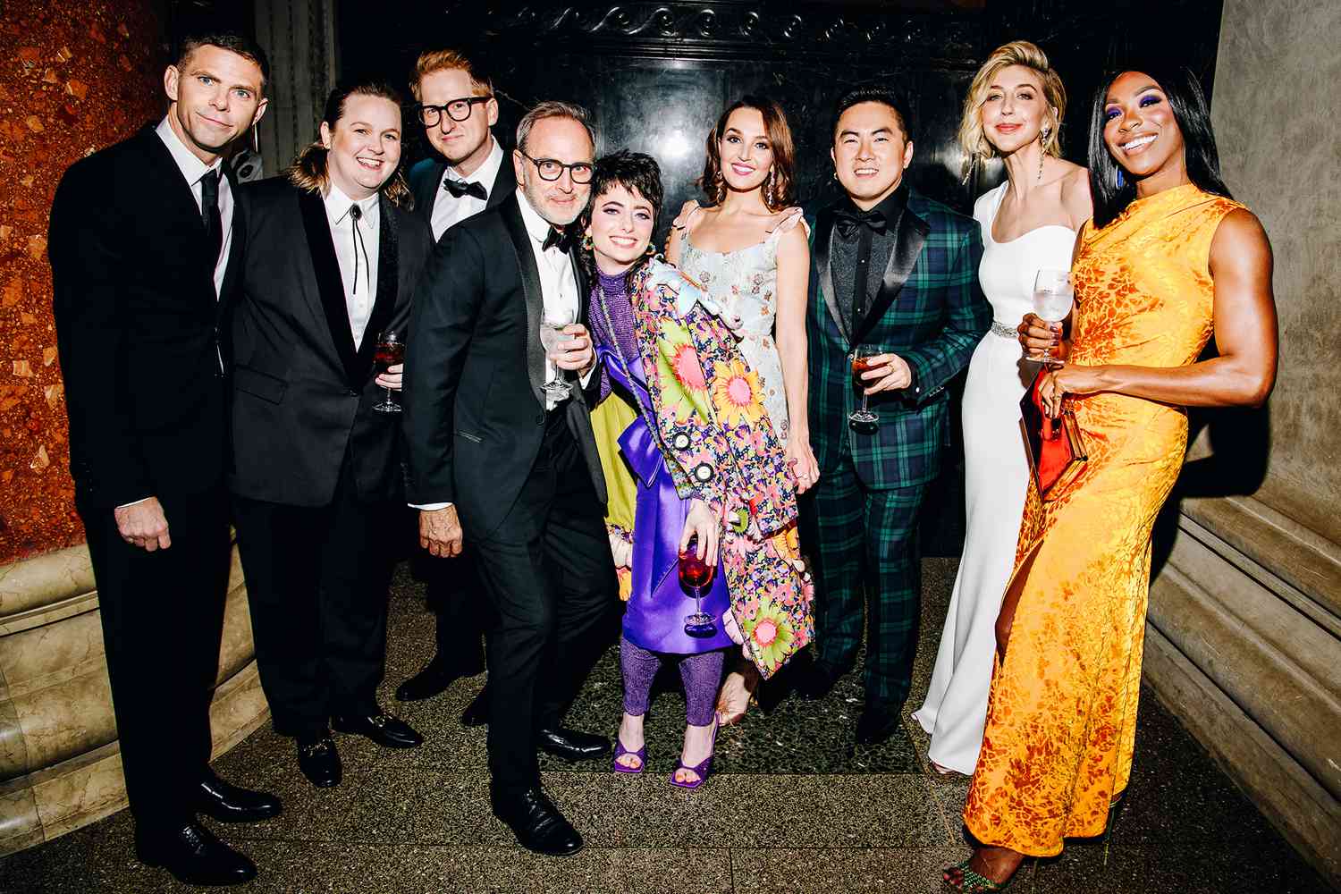 SNL cast members Mikey Day, Molly Kearney, James Austin Johnson, SNL costume designer Tom Broecker, Sarah Sherman, Chloe Fineman, Bowen Yang, Heidi Gardner and Ego Nwodim at The Museum Gala held at the American Museum of Natural History on December 1, 2022 in New York City.