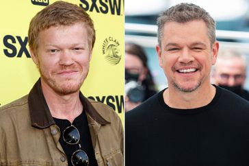 Jesse Plemons attends the "Love & Death" screening during the 2023 SXSW; Matt Damon attends "Stillwater" photocall during the 74th annual Cannes Film Festival