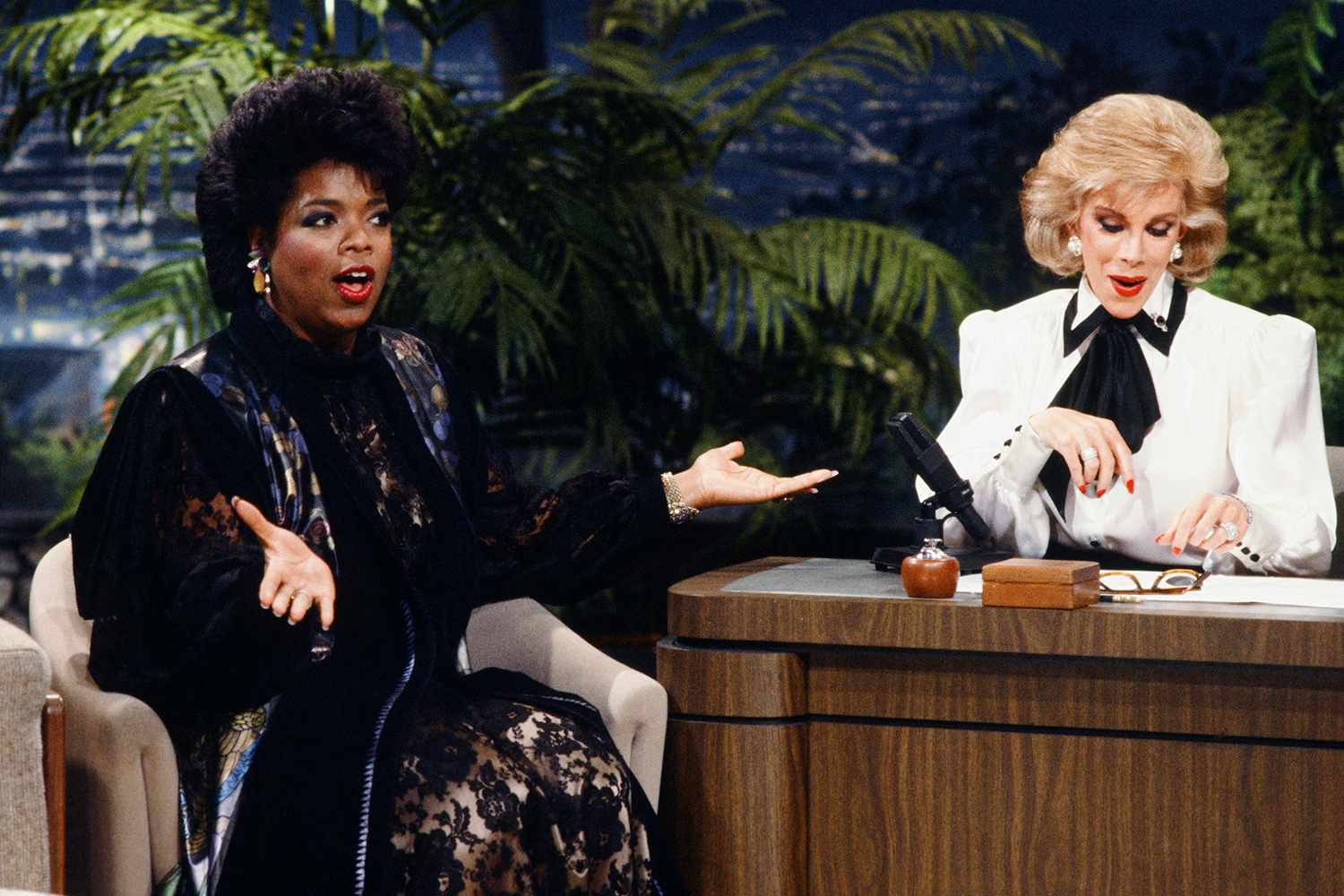 Talk show host Oprah Winfrey during an interview with guest host Joan Rivers on January 27, 1986 