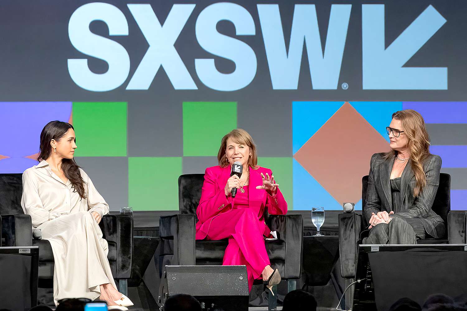 Meghan, Duchess of Sussex, Katie Couric and Brooke Shields speak onstage during the Breaking Barriers, Shaping Narratives: How Women Lead On and Off the Screen panel during the 2024 SXSW Conference and Festival at Austin Convention Center on March 08, 2024 in Austin, Texas.