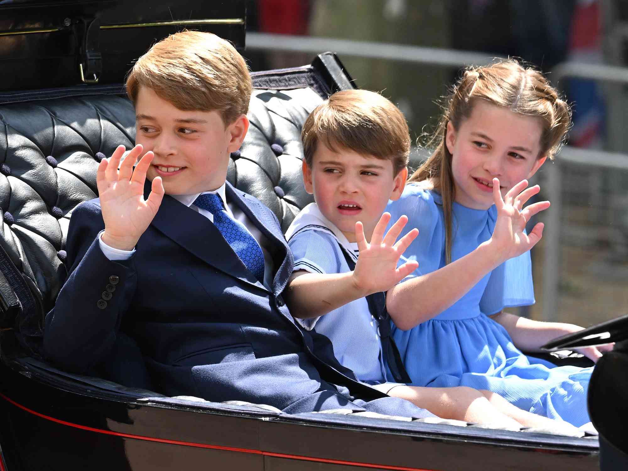 Prince George, Prince Louis and Princess Charlotte in the carriage procession at Trooping the Colour during Queen Elizabeth II Platinum Jubilee