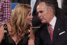 Jenna Bush, left, speaks to her grandfather, former President George H. W. Bush in Madison Square Garden, during the Republican National Convention in New York,Thursday, Sept. 2, 2004. 