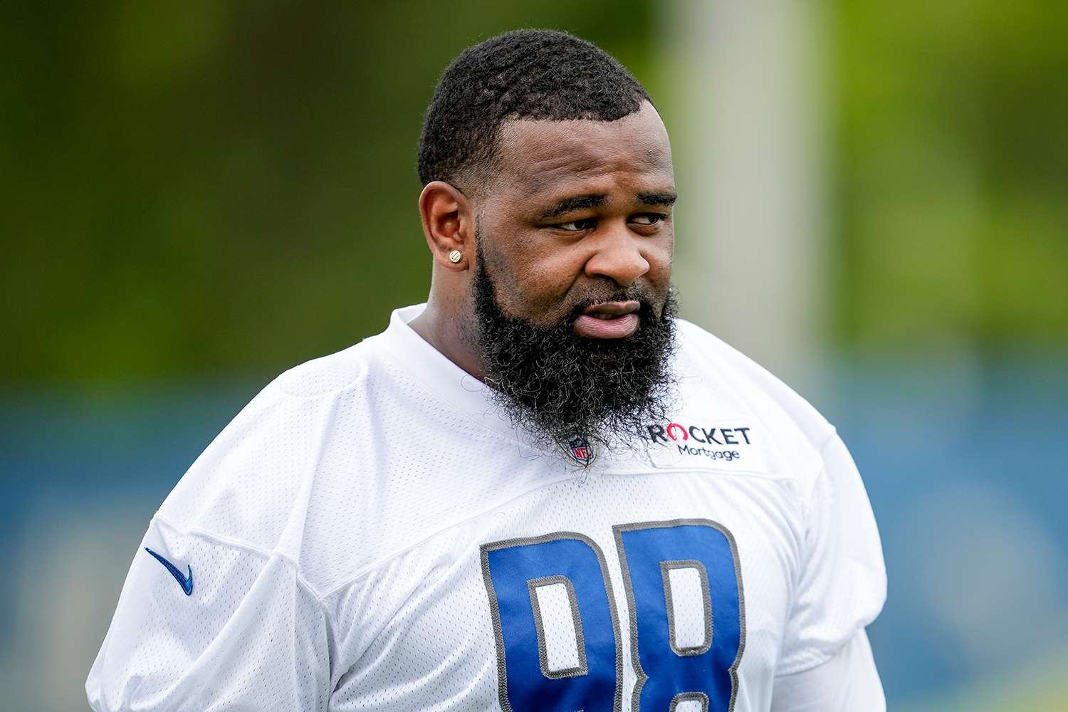 Isaiah Buggs #98 of the Detroit Lions looks on during the Detroit Lions Training Camp on July 27, 2022 at the Lions Headquarters and Training Facility in Allen Park, Michigan.