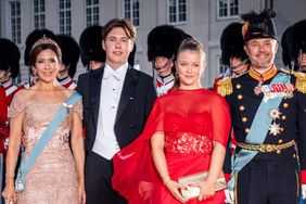 Crown Prince Frederik and Crown Princess Mary of Denmark with Prince Christian and Princess Isabella of Denmark arrive at the Danish Royal Theatre