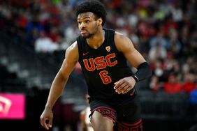 Bronny James #6 of the USC Trojans looks on in the second half of a quarterfinal game against the Arizona Wildcats during the Pac-12 Conference basketball tournament at T-Mobile Arena on March 14, 2024