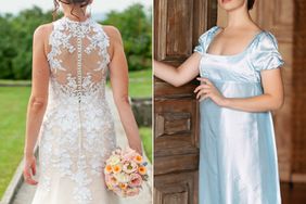 Adult Bride in Wedding Dress Looking at Park Outdoors; A young beautiful girl in a Regency blue dress enters an old wooden door in the estate.