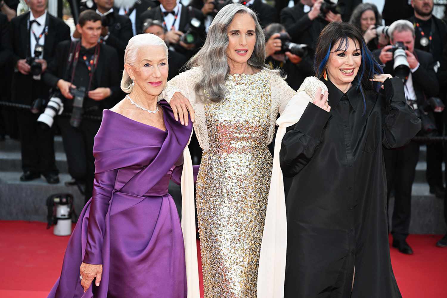 Helen Mirren, Andie Macdowell and Iris Berben arrive at the Red Carpet of the film 'La Plus Precieuse des Marchandises' (The Most Precious of Cargoes) at the 77th edition of the Cannes Film Festival in Cannes, southern France, on May 24, 2024.