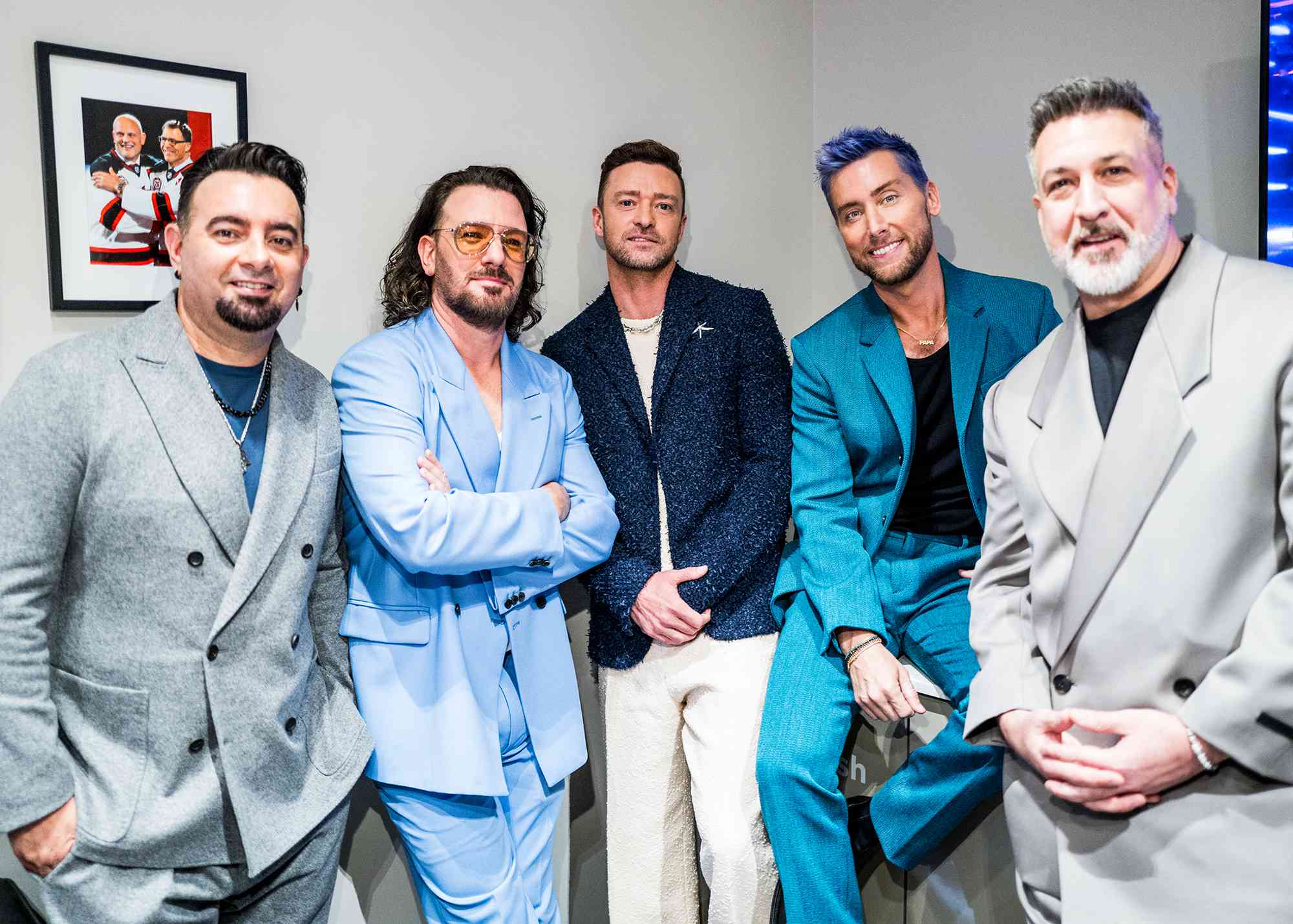 Chris Kirkpatrick, JC Chasez, Justin Timberlake, Lance Bass and Joey Fatone of NSYNC seen backstage during the 2023 Video Music Awards at Prudential Center 