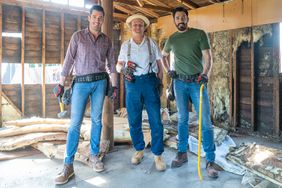 Drew and Jonathan Scott pose for a photo with John C. Reilly inside the residence they are renovating, as seen on Celebrity IOU.