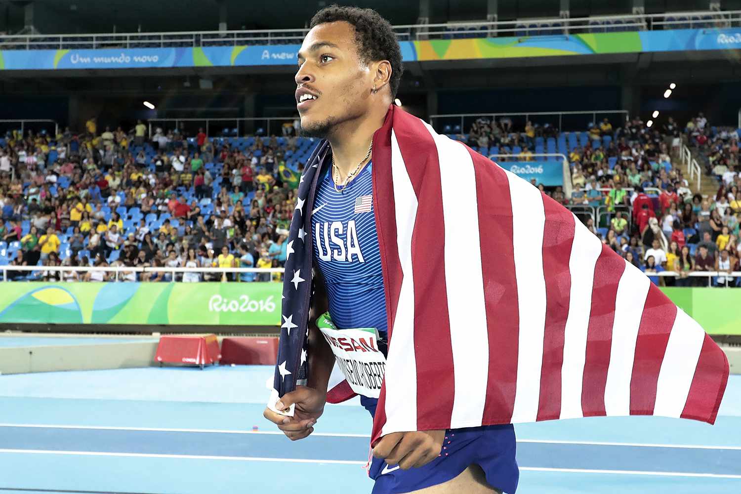 Roderick Townsend-Roberts of United States celebrates de victory after the Men's Long Jump T47 final at Olympic Stadium on day 7 of the Rio 2016 Paralympic Games at on September 14, 2016 in Rio de Janeiro, Brazil.