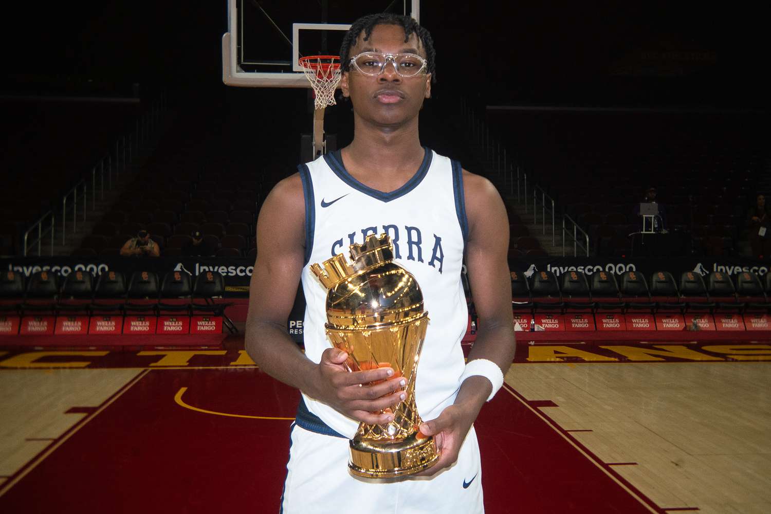 Bryce James poses with the championship trophy at The Chosen-1's Invitational at Galen Center on December 16, 2023