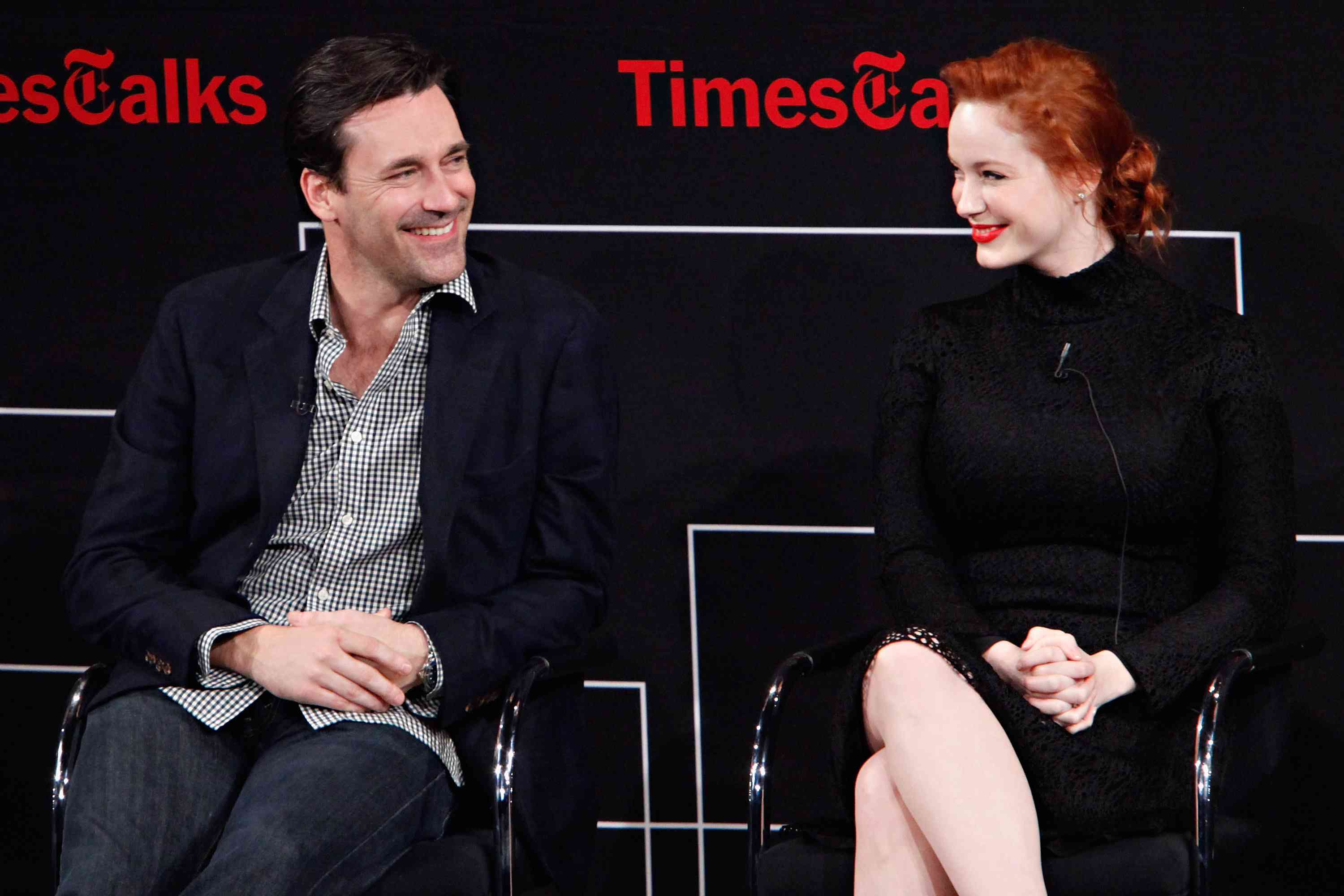 Jon Hamm and Christina Hendricks attends attends the TimesTalk: A Conversation with the Cast of "Mad Men" at The Times Center on March 20, 2012 in New York City. 