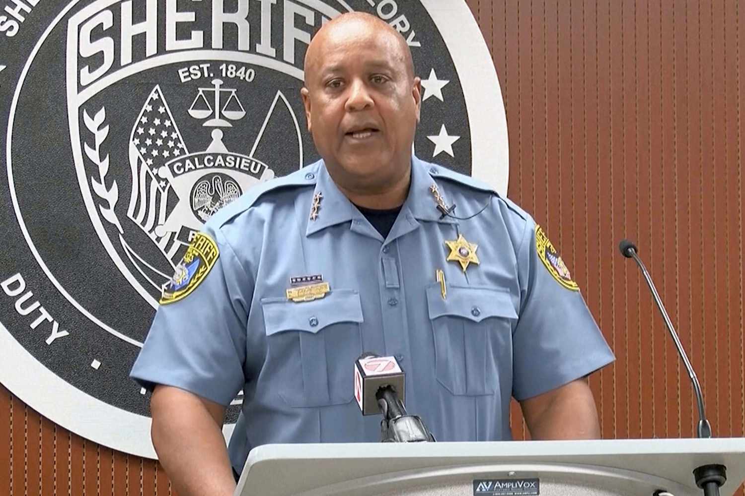 This image made from video provided by KPLC shows Calcasieu Parish Sheriff Gary Stitch Guillory speaking at a press conference Tuesday, July 9, 2024