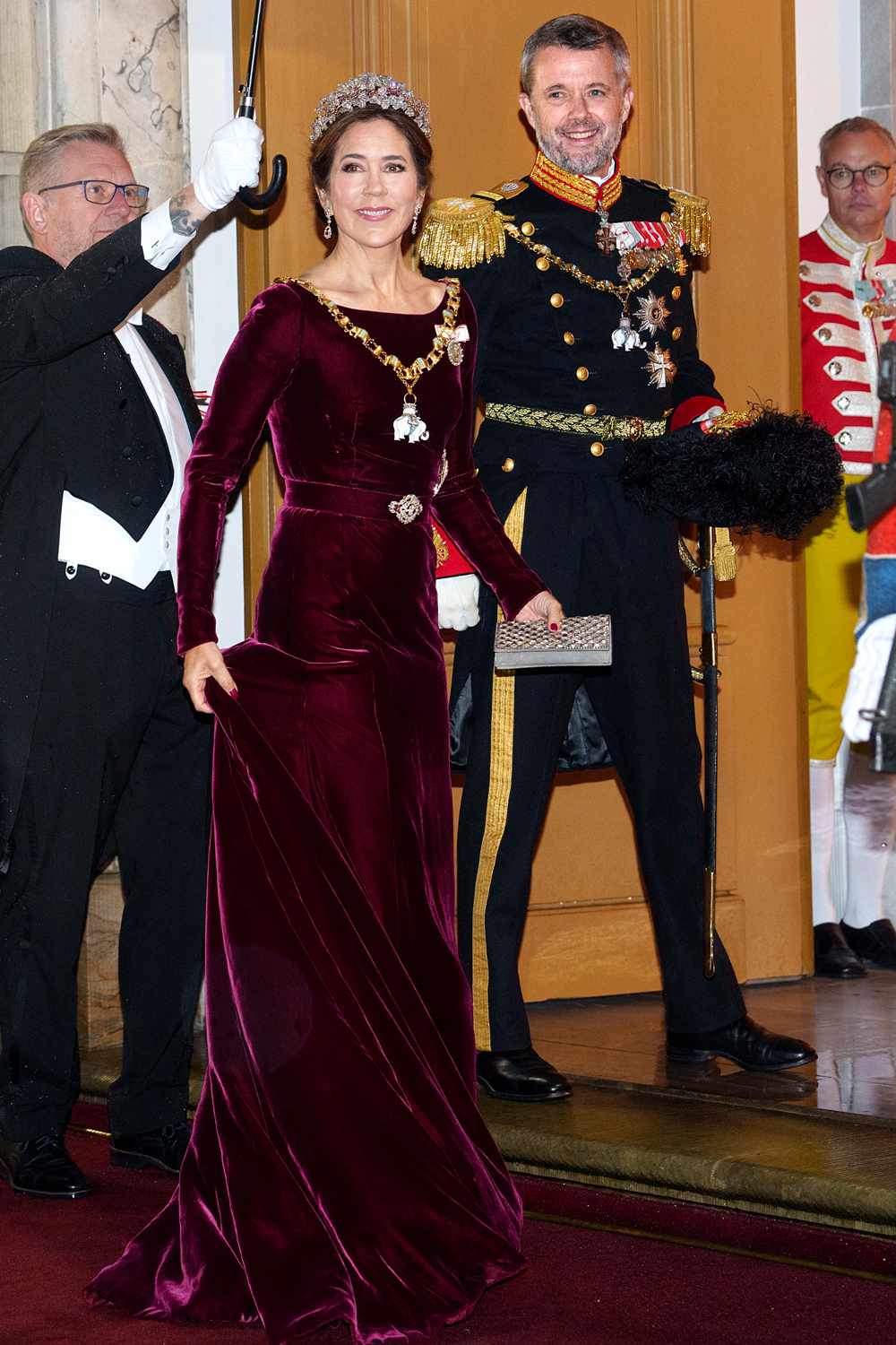 Denmark's future king and queen, Crown Prince Frederik and Crown Princess Mary pose as they arrive for the New Year's banquet at Amalienborg Castle, Copenhagen, on January 1, 2024