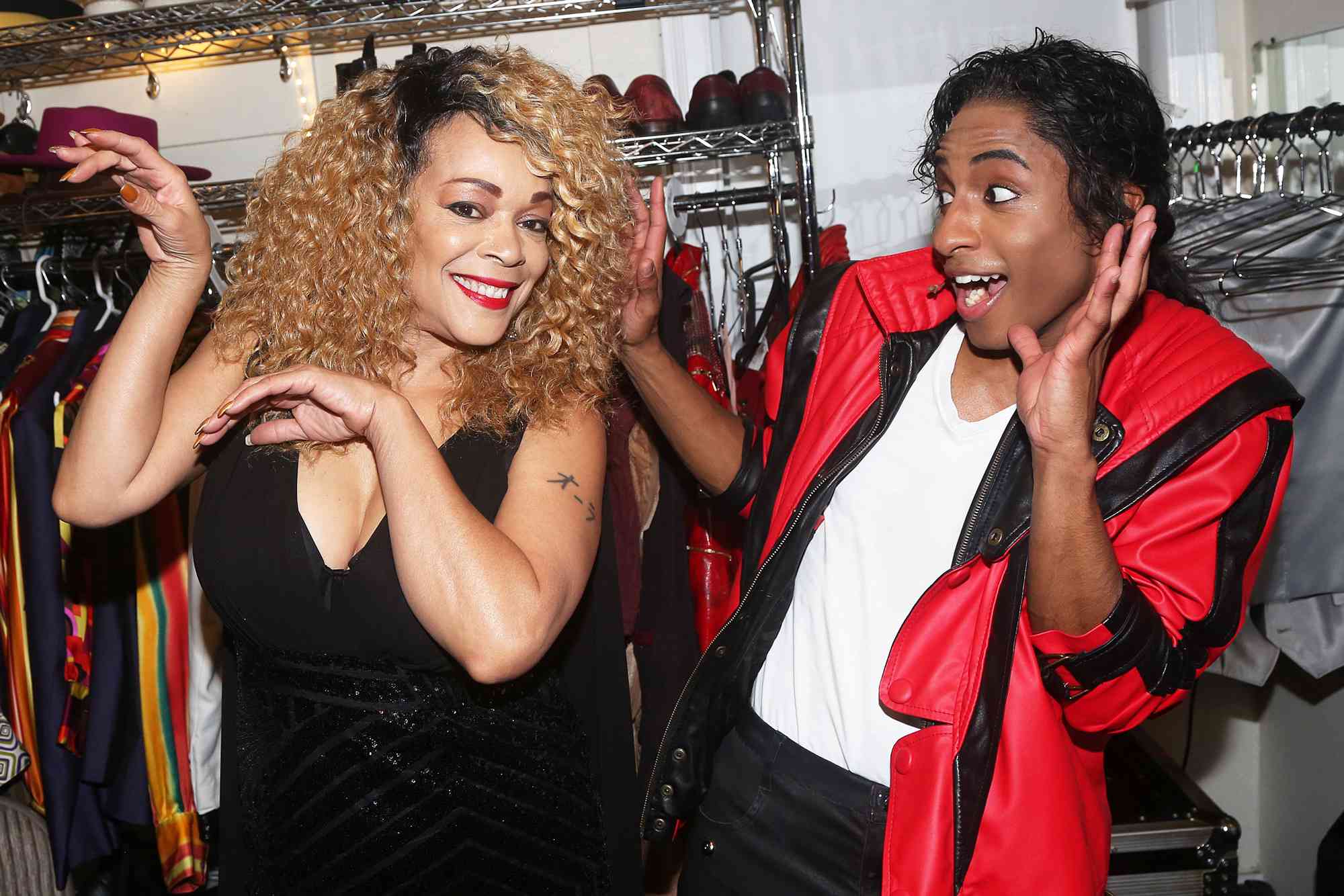 Ola Ray and Tony Winner Myles Frost as "Michael Jackson" pose backstage at the hit Michael Jackson musical "MJ" on Broadway at The Neil Simon Theater on October 31, 2022 in New York City. Ola Ray played the girlfriend of Michael Jackson in the short film/music video "Thriller"