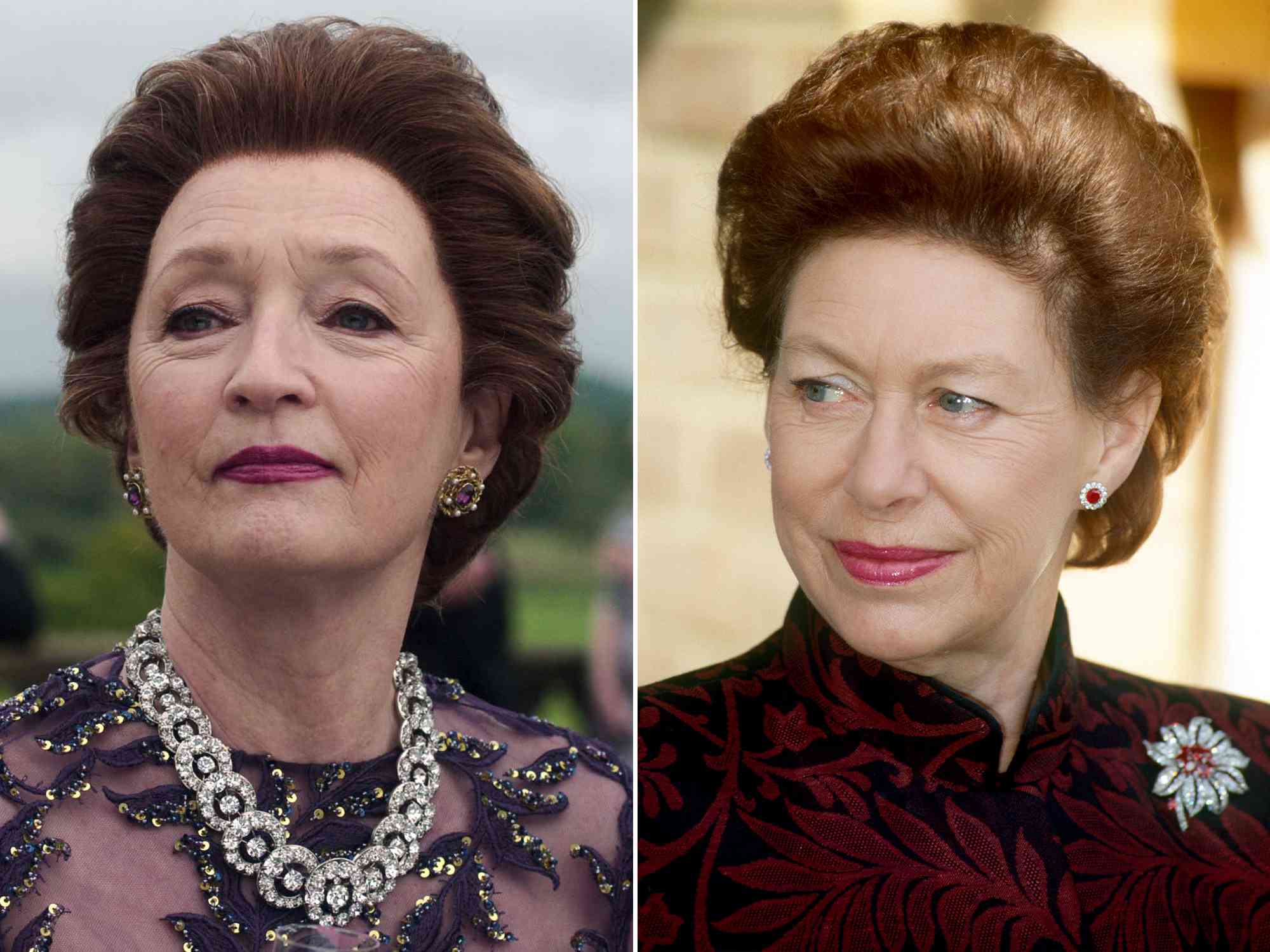 Lesley Manville as Princess Margaret in 'The Crown' Season 6. ; Princess Margaret Opening The Minnie Kidd House In Clapham.