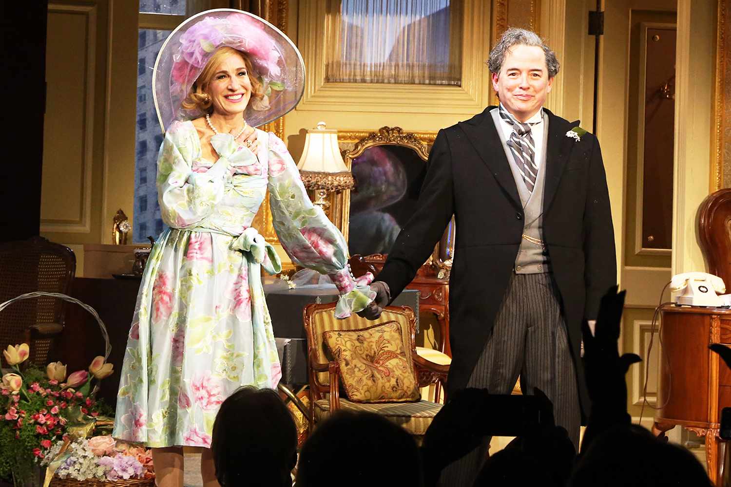 Sarah Jessica Parker as "Nora Hubley" and Matthew Broderick as "Roy Hubley" take their first curtain call for Neil Simon's "Plaza Suite" on Broadway at The Hudson Theatre on February 25, 2022 in New York City.